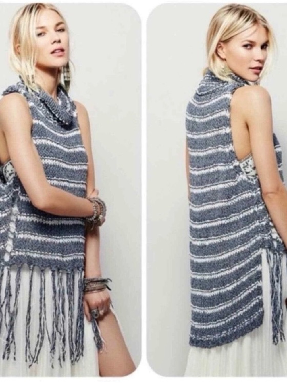 FREE PEOPLE Folksong Fringe Tunic Size Large Loose Knit Sleeveless Boho‎ Top